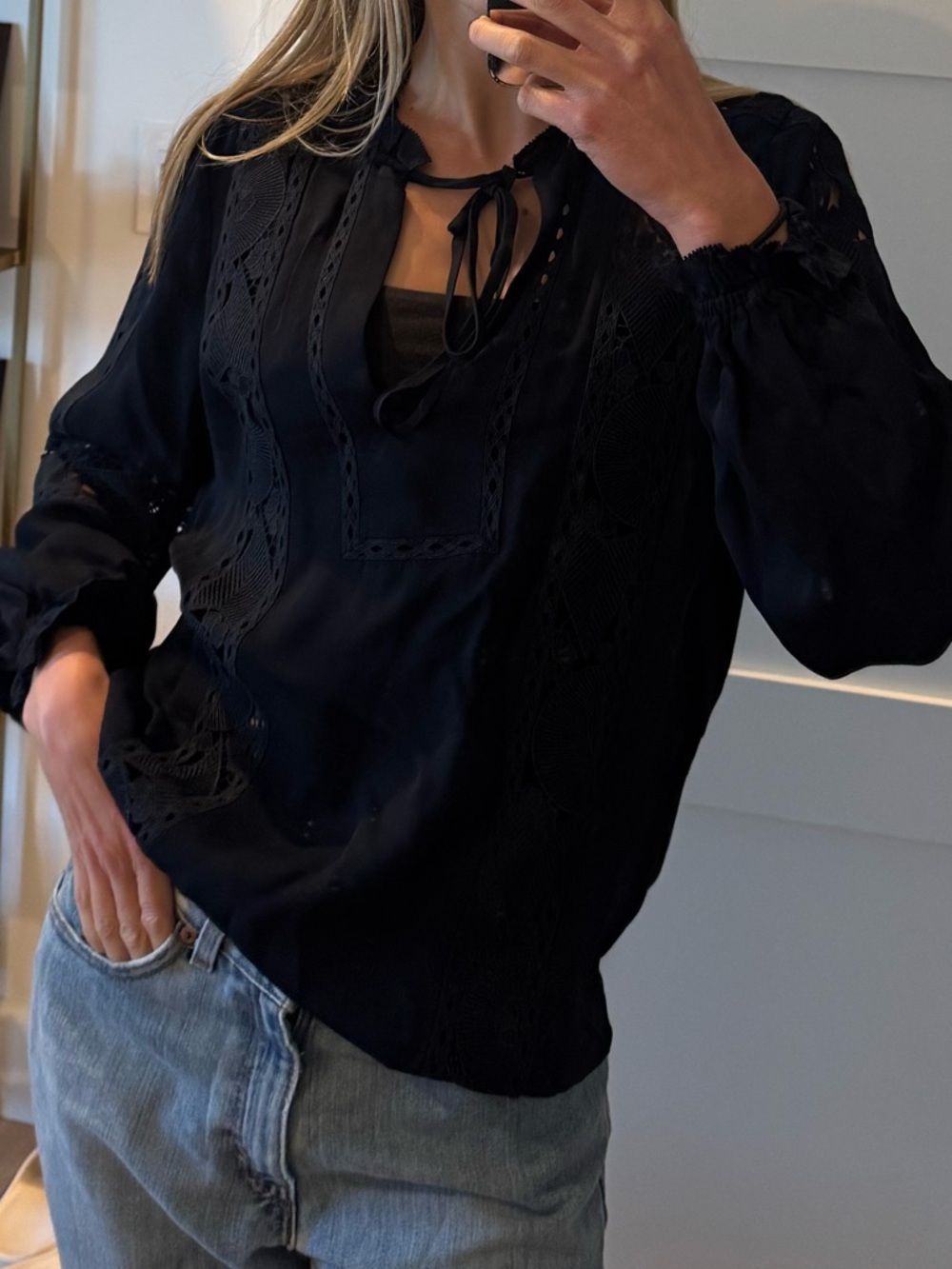 Reiss Navy Blue Tie-Neck Eyelet Blouse